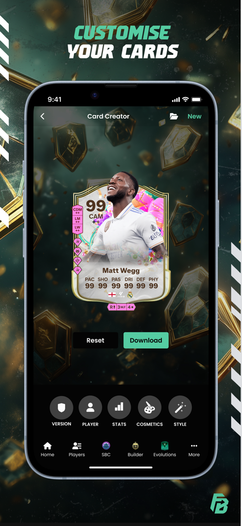 FUTBIN FC 26 app card creator interface for customizing soccer player cards and stats