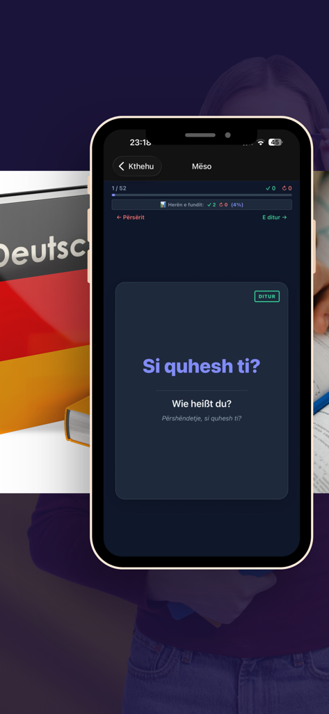 Pantalla de flashcards de la aplicación MsoPak que muestra una traducción al alemán de una frase en albanés