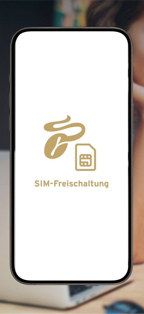 Tchibo MOBIL App Splashscreen mit dem Kaffeebohnen-Logo, einem SIM-Karten-Symbol und dem Text SIM-Freischaltung.