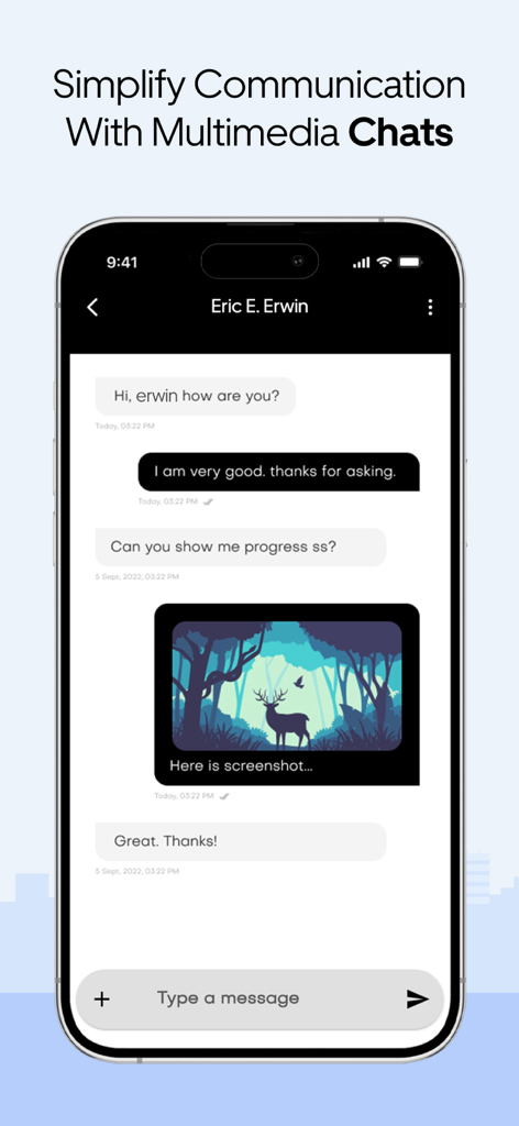 Security Guard App - A mobile screen showing a secure chat interface with text and photo sharing for security personnel communication