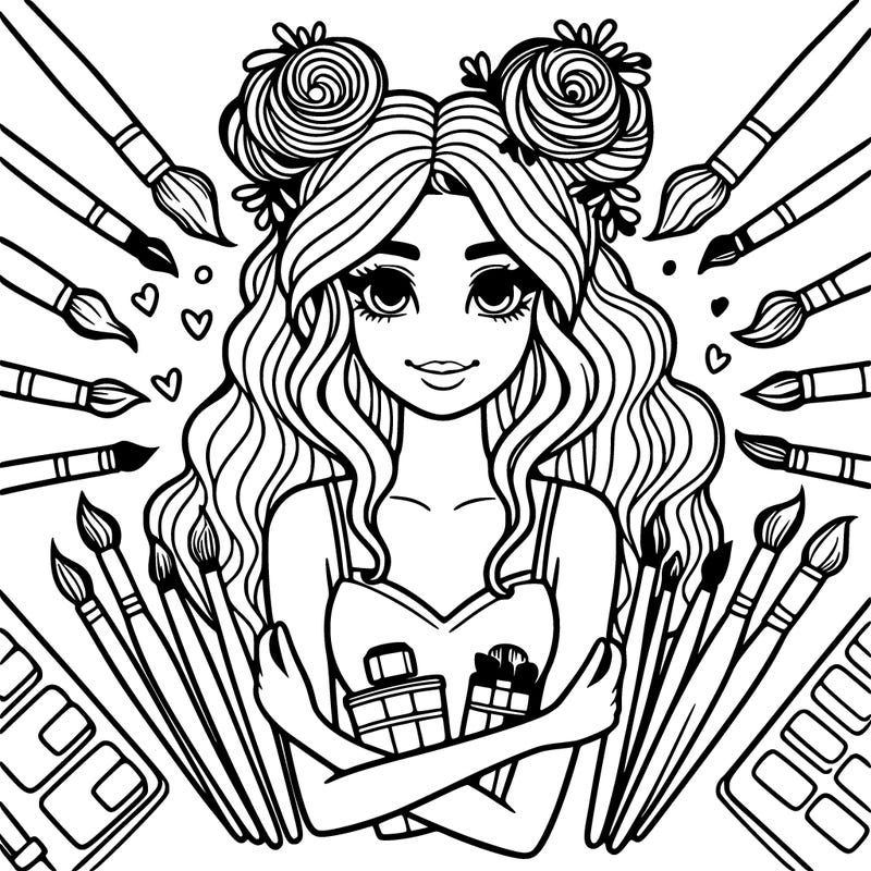 big attractive girl surrounded by brushes and colored