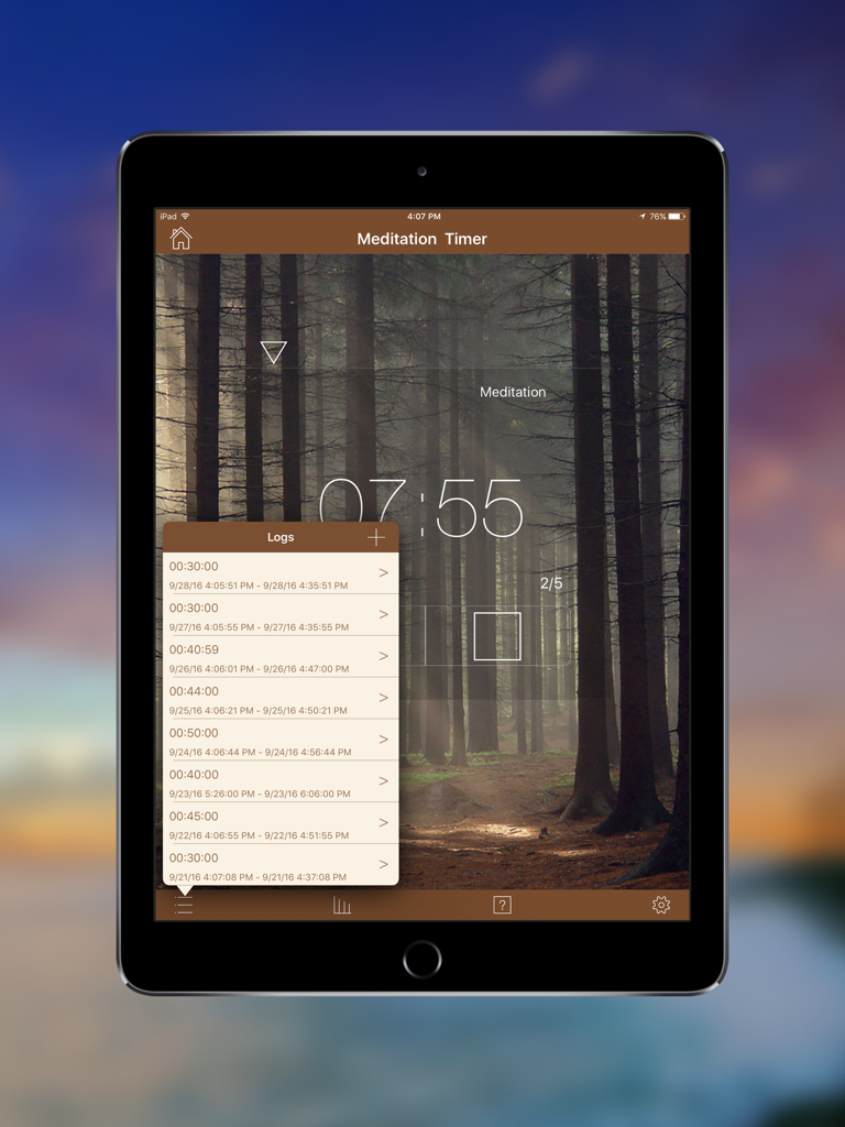 Meditation Timer Pro for iPad showing a session countdown and meditation history logs over a forest background.