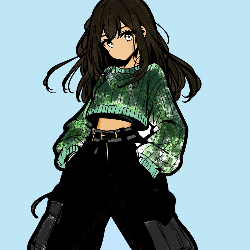 anime teen girl with baggy pants and crop top with sweater