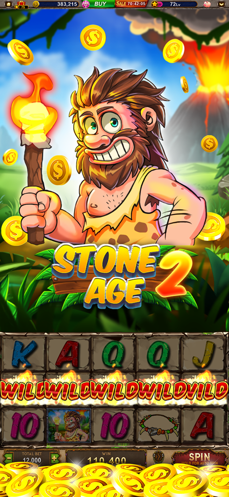 Juego de máquina tragamonedas Stone Age 2 en la aplicación Galaxy Casino con un cavernícola caricaturesco y fondo de volcán