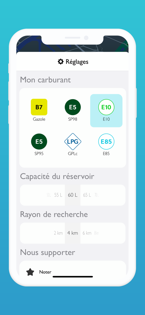 Prix Carburant - France - Écran des paramètres de l'application Prix Carburant France montrant la sélection du type de carburant, la capacité du réservoir et les options de rayon de recherche