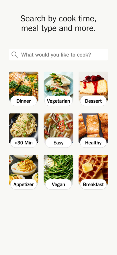 NYT Cooking: Quick Tasty Meals - Search screen in NYT Cooking app featuring recipe categories like Dinner and Vegan