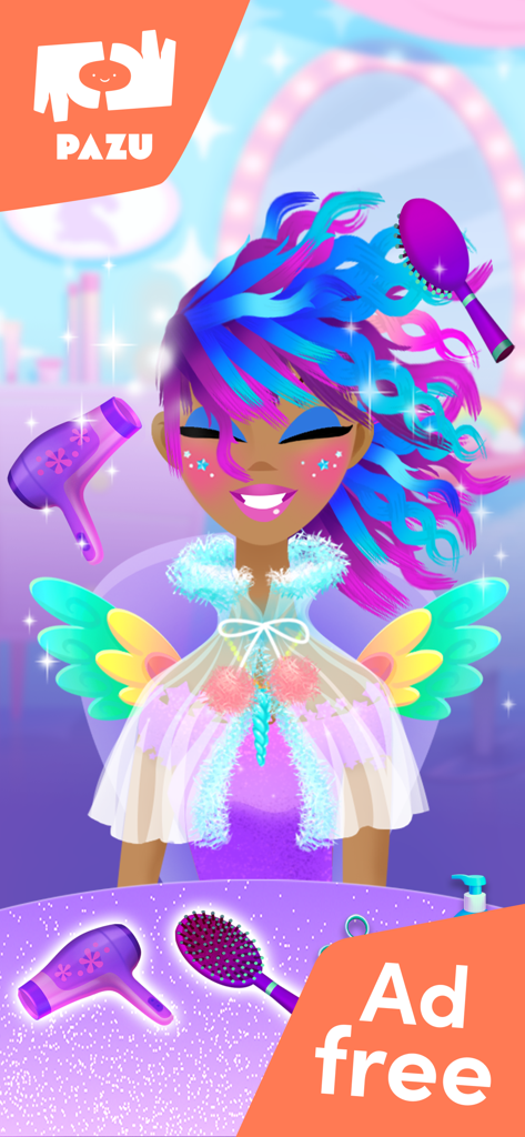 A character with colorful blue and purple hair being styled with a hairdryer and brush in the Girls Hair Salon Unicorn app.