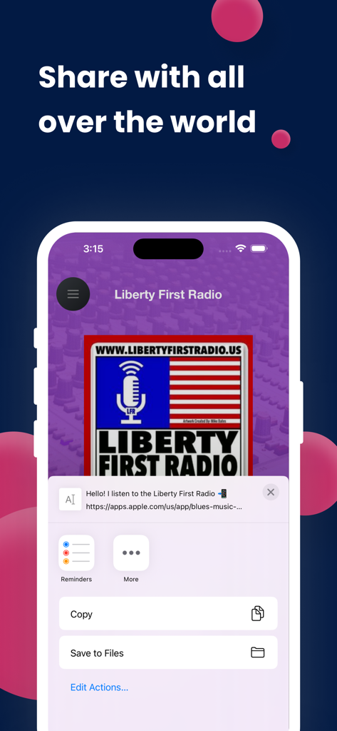 Liberty First Radio - Liberty First Radio app screenshot showing the share feature with military and first responder themed logo