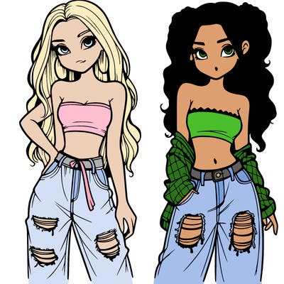 2 girls in crop tops and baggy jeans ripped