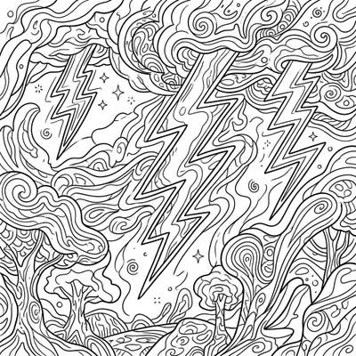 Experience the mesmerizing power of nature with a psychedelic twist in this unique dry lightning coloring page. Dive into a world of swirling energy and intricate patterns, perfect for creative relaxation.