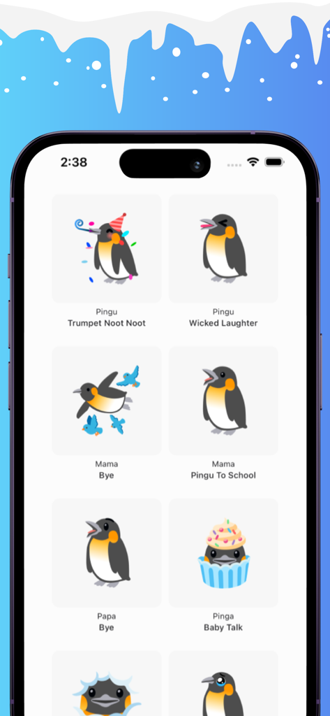 Pinguin Soundboard app screen featuring a clean UI with various Pingu character sound buttons like Noot Noot and Wicked Laughter