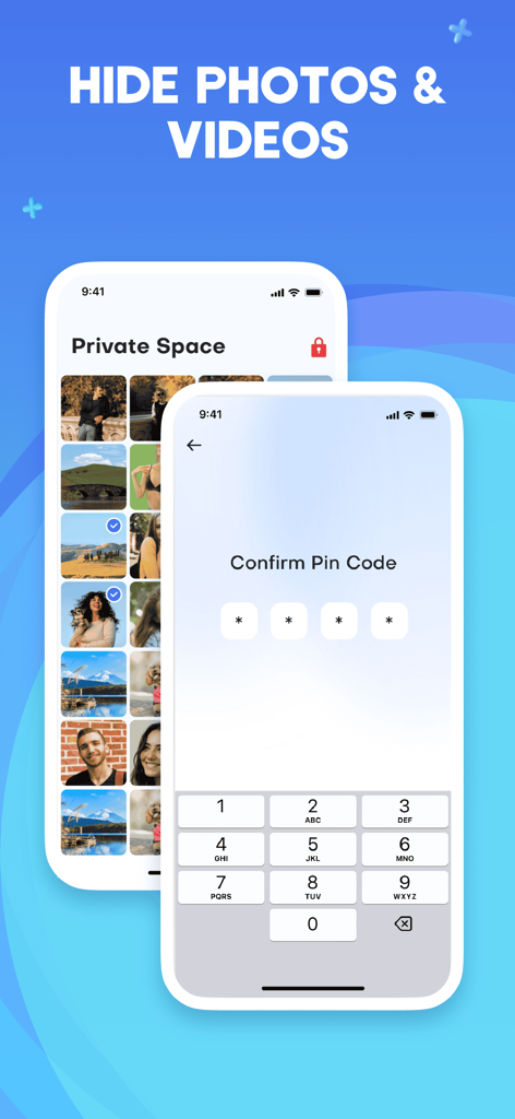 Pantalla de la aplicación de iPhone que muestra una bóveda de fotos privada y la entrada de un código PIN numérico para ocultar fotos y vídeos