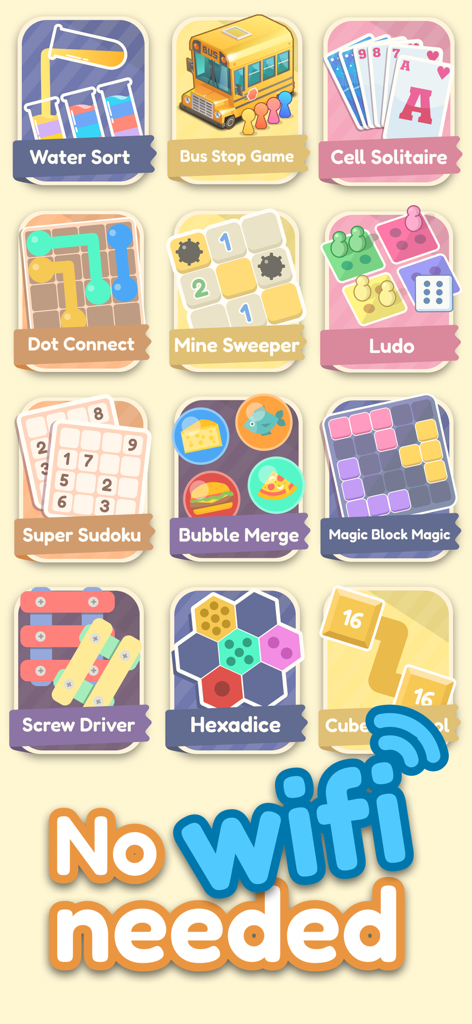 Una varietà di mini-giochi puzzle e classici offline con il testo "Non è necessario il Wi-Fi"