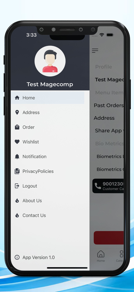 Tufft Surgical Instruments - Side navigation menu of the Tufft Surgical Instruments mobile application showing user profile and account options.