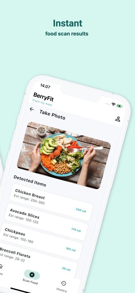BerryFit - AI Food & Calories - BerryFit AI 음식 스캐너 인터페이스에 식사 사진에 대한 칼로리 추정치 표시