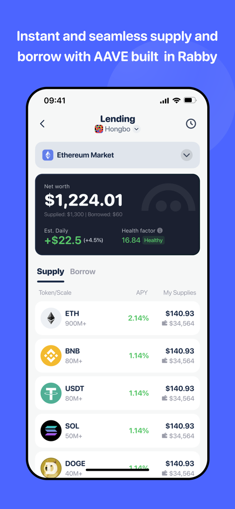 Rabby Wallet - Crypto & EVM - Rabby Wallet app screen showing crypto lending and borrowing options with AAVE integration