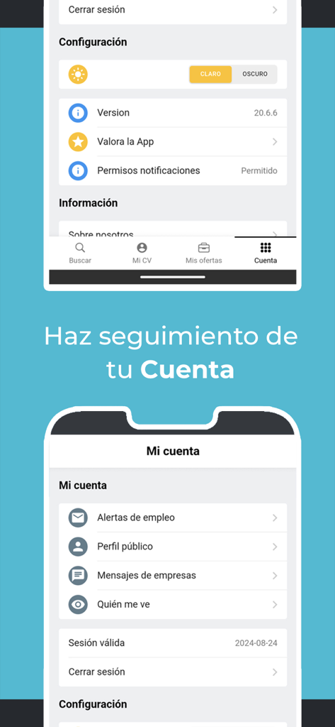 Account dashboard of the Tecnoempleo IT jobs app showing settings and profile options