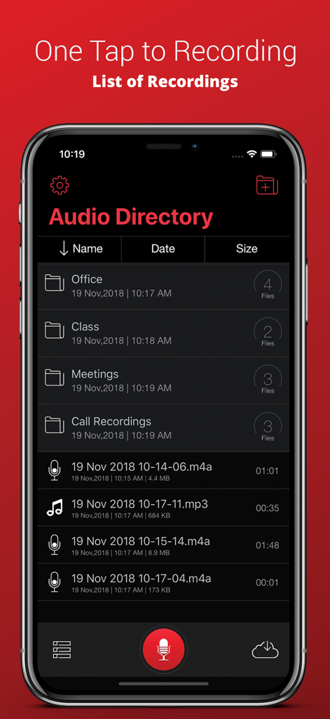 Interface of the Voice Recorder Plus Pro app showing organized folders and a list of audio recordings in the audio directory