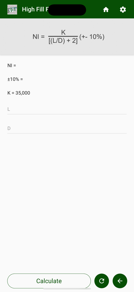 MagCal - NDT - Interface of the MagCal NDT app showing a high fill factor calculation formula and input fields for magnetic particle testing