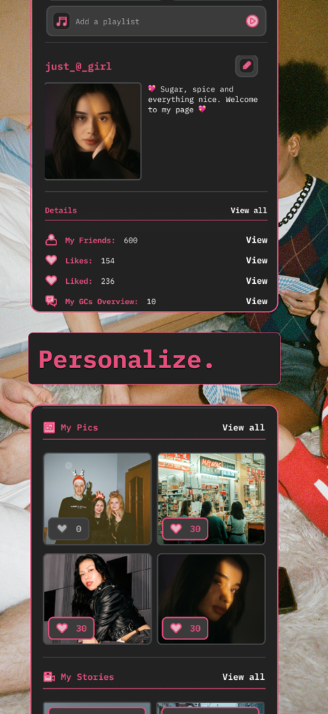 GroupChats - Un perfil de usuario personalizado en la aplicación GroupChats que muestra una biografía y una galería de fotos