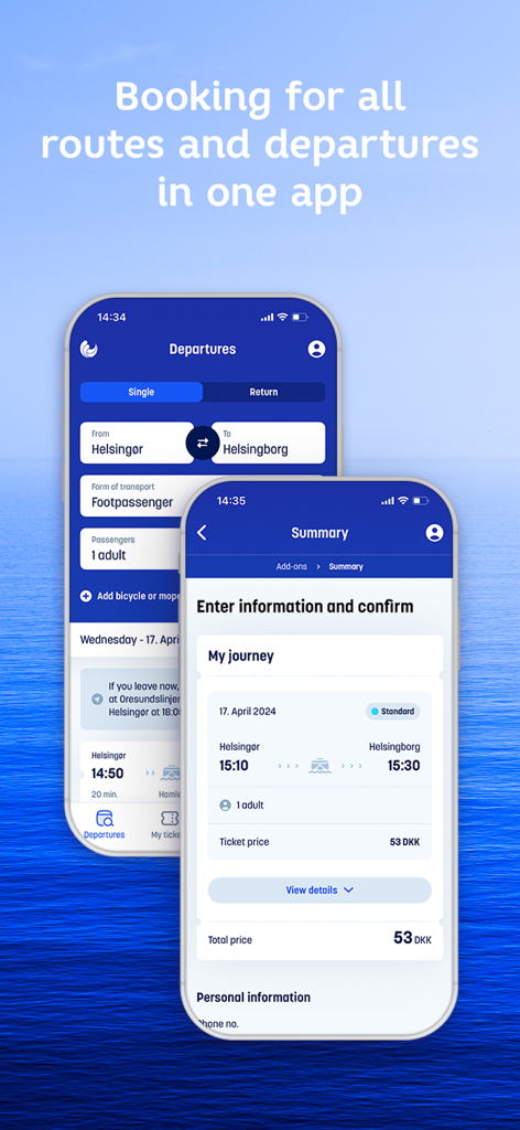 Mobile app screens for MOLSLINJEN showing ferry departure search and trip summary with ticket prices