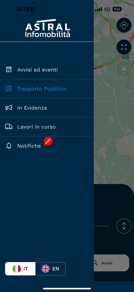 Navigation menu of the Astral Infomobilità app with local transit and traffic updates