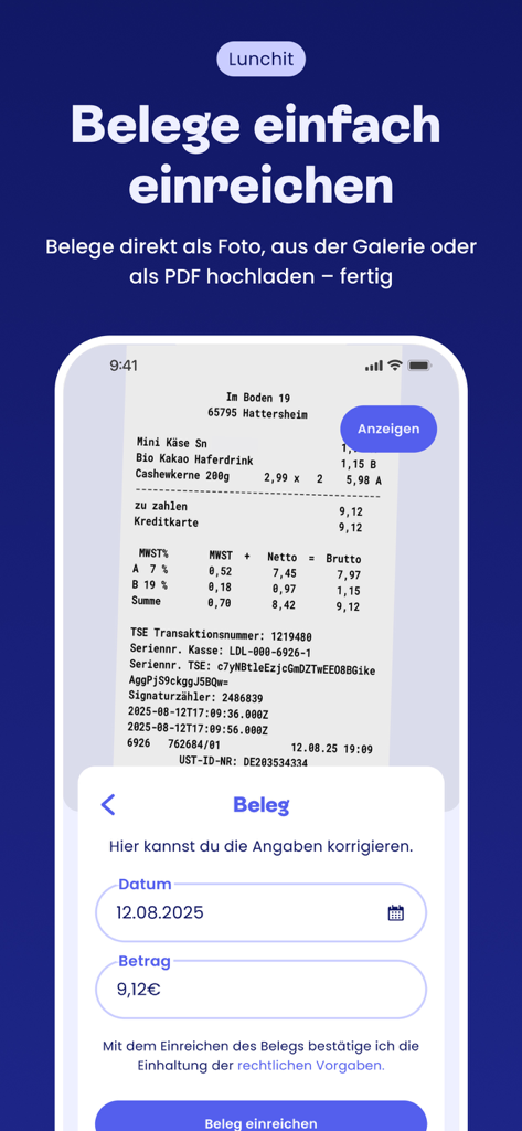 Mobiler Bildschirm, der die Lunchit-Funktion in der spendit App zum Scannen und Einreichen von Essensbelegen für Mitarbeitervorteile anzeigt