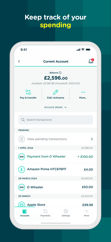 Interfaz de la aplicación móvil de Cynergy Bank que muestra el saldo de la cuenta corriente y el historial de transacciones recientes