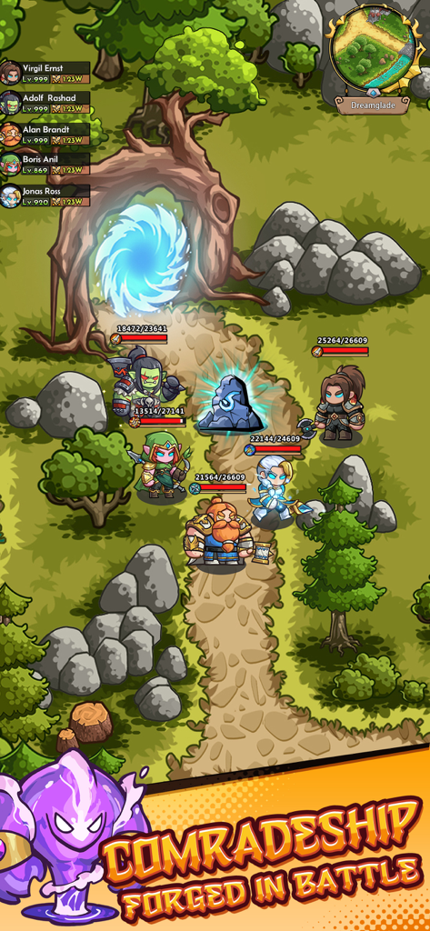 Mini Legion: Warband - Eroi fantasy chibi in piedi insieme in una foresta vicino a un portale magico in Mini Legion Warband