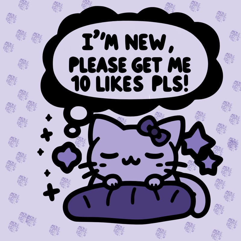 kitty taking a nap dream talking and saying "i'm new, please get me at least 10 likes pls!!"