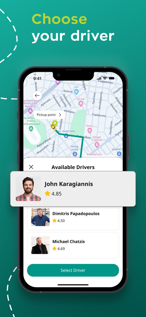 Taxiplon app interface for choosing a driver with star ratings and a pickup map.