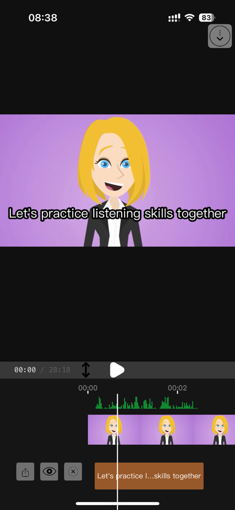 Build SRT - Interfaz móvil de la aplicación Build SRT que muestra la vista previa del vídeo con subtítulos y una línea de tiempo de forma de onda de audio