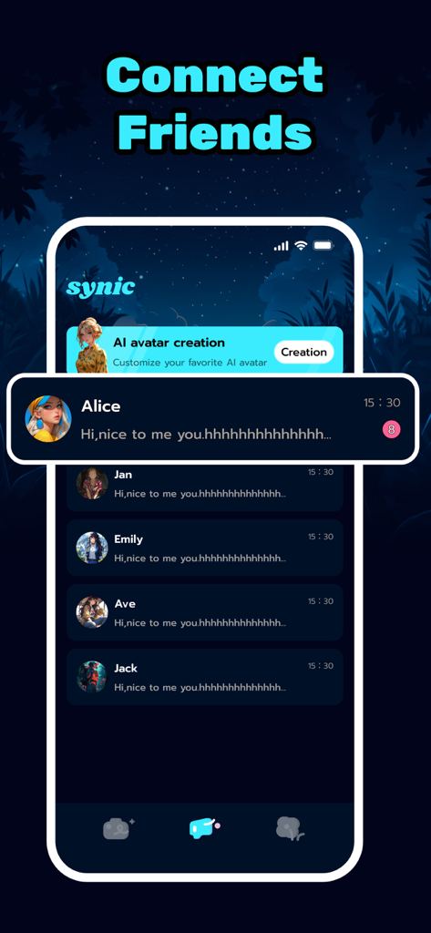 Synic: Video Chat & Call Fun - Synic app interface showing a list of AI characters and an AI avatar creation banner under the headline Connect Friends.