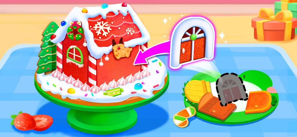 A child selects and drags a decorative door onto a festive gingerbread house in Baby Panda's Ice Cream Truck app