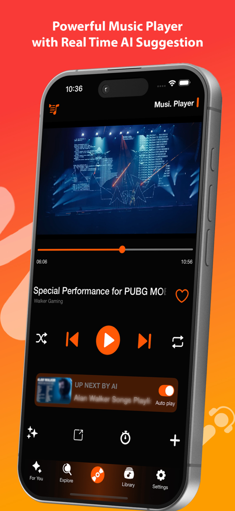 Music X Player-Music Streaming - Interfaz de Music X Player con un vídeo musical con sugerencias de IA y controles de reproducción