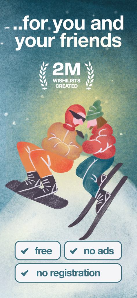 Social wishlist app illustration featuring 2 million wishlists created and no ads