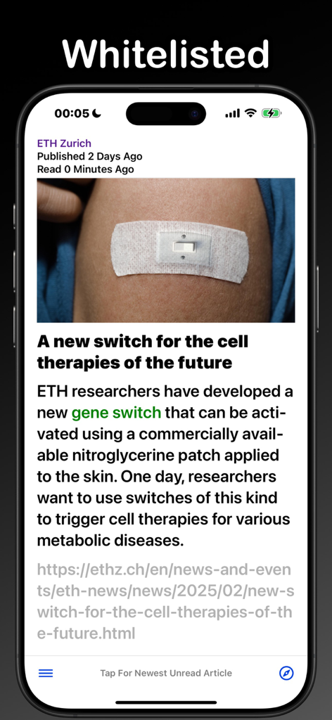 RSS-Filter – News Feed Reader - Screenshot of RSS-Filter app displaying a whitelisted article with a highlighted gene switch keyword