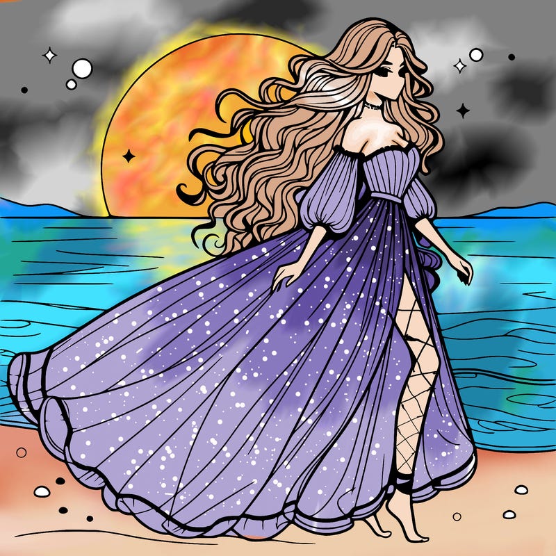 beautiful woman with a vaporous long dress walking on the beach at the noon, detailed art