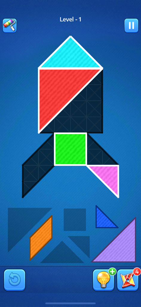 Ein Tangram-Rätsel-Level, bei dem bunte geometrische Formen in eine Raketensilhouette eingefügt werden.