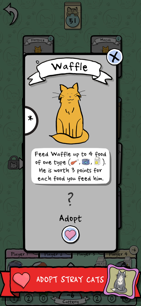 Cat Lady - The Card Game - Cat Lady The Card Gameのゲームプレイ画面。ワッフルという名前のオレンジ色の猫のカードと、餌やりとスコアリングの指示が表示されています。
