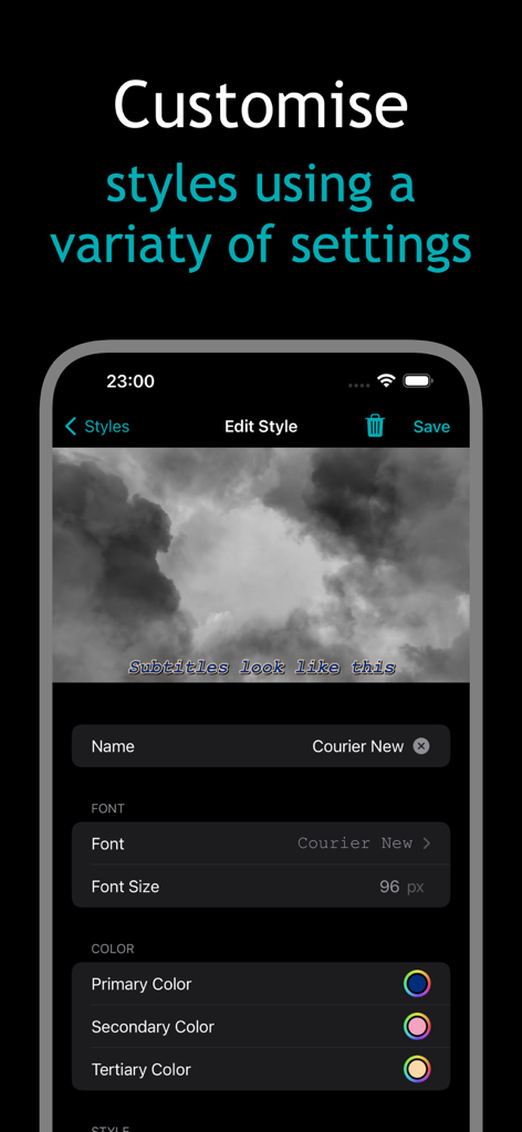 Captions Craft - User interface for customizing subtitle fonts and colors in the Captions Craft app.