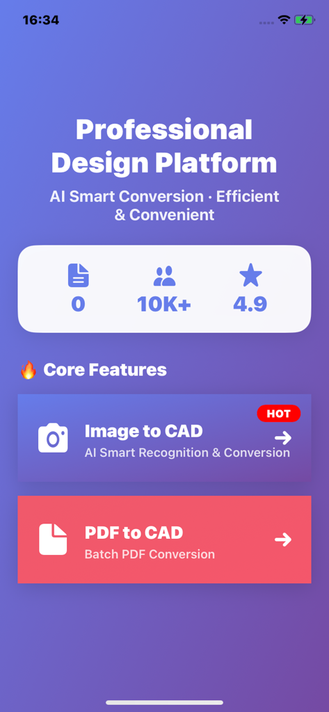 画像とPDFからCADへのコンバーターアプリのインターフェース。画像からCADおよびPDFからCADの機能を示しています。