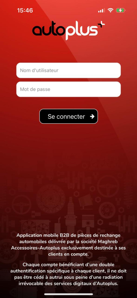 Écran de connexion de l'application mobile AutoPlus affichant les champs nom d'utilisateur et mot de passe sur fond rouge avec des icônes automobiles.
