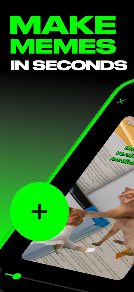 Green Screen Memes Maker - Interfaz de la aplicación Green Screen Memes Maker que muestra un editor de memes con un gato y el texto Make Memes In Seconds