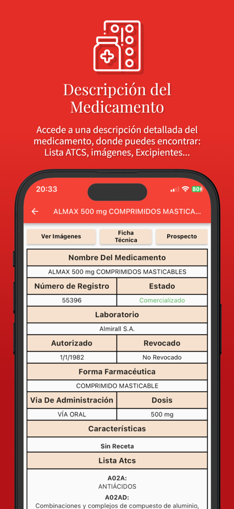 Vademecum 2025 Medicamentos - 특정 의약품에 대한 상세한 약리학 정보를 스페인어로 표시하는 스마트폰 화면