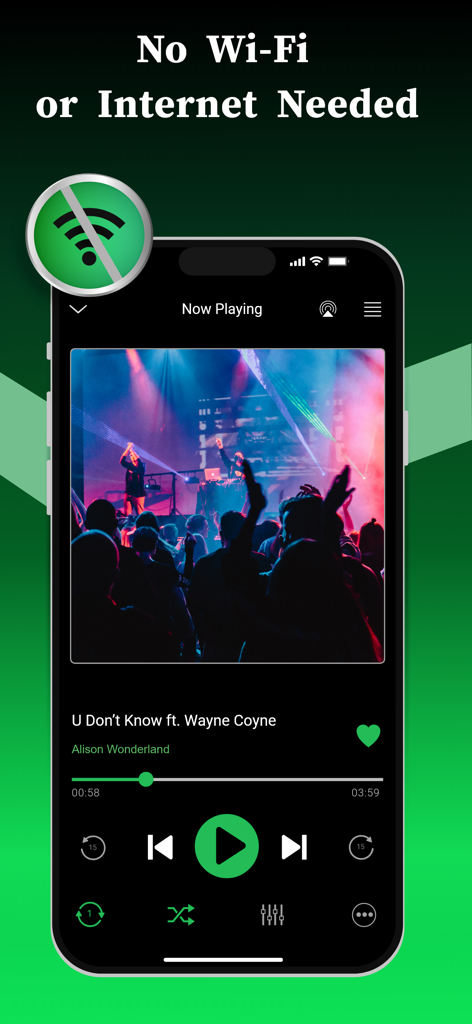 iPhone screenshot of the Offline Music Player app showing the now playing screen with the headline no wifi or internet needed