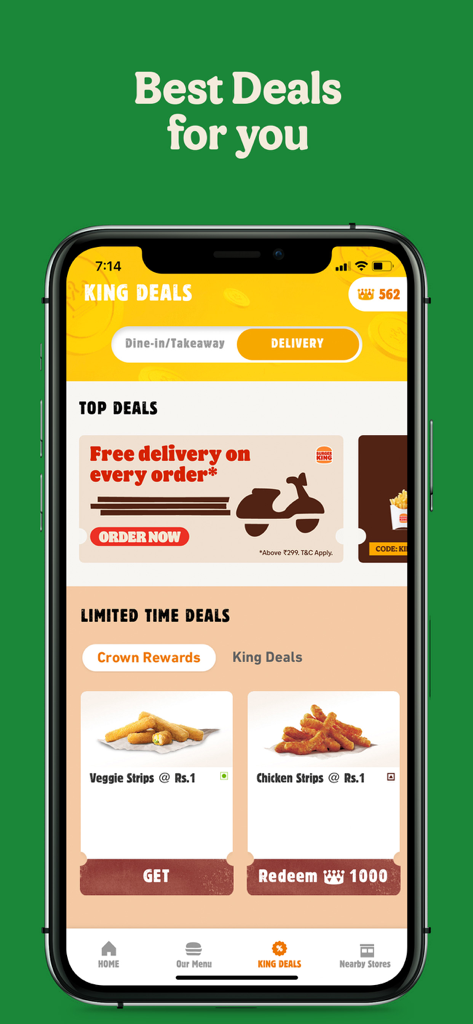 Burger King India app screen showing exclusive King Deals and rewards