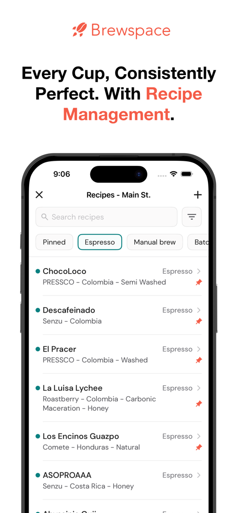 Brewspace: Café Manager - Brewspace app interface showing a list of coffee recipes for consistent specialty brewing