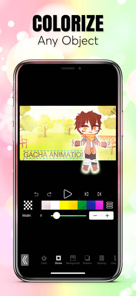 Interface of Gacha Animator app showing tools to colorize objects and edit text strokes for a character animation.