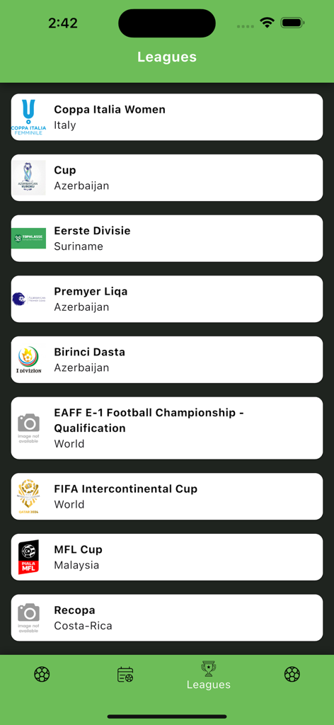 Live Football Tv and Scores - App interface showing a list of global football leagues including Coppa Italia and FIFA Intercontinental Cup.